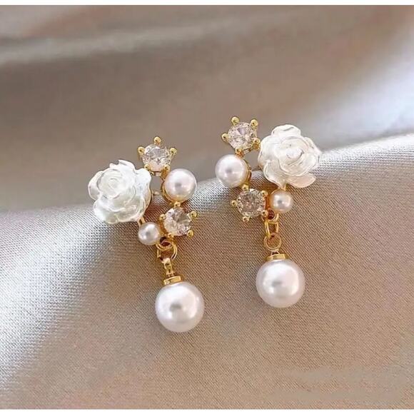 Elegant Floral Pearl Zirconia Stud Earrings, Bouquet Crystal Accent Earrings - Picture 5 of 9